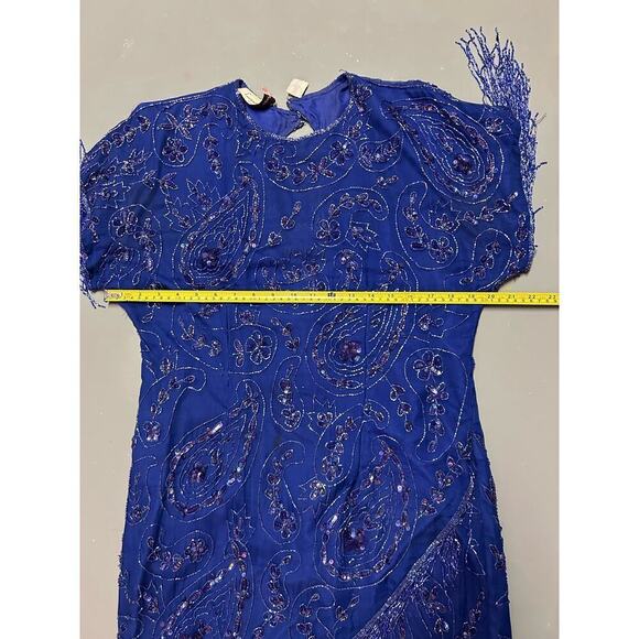 Vintage Laurence Kazar Womens Size L  Blue Beaded Fringe Cocktail Dress - Picture 6 of 8